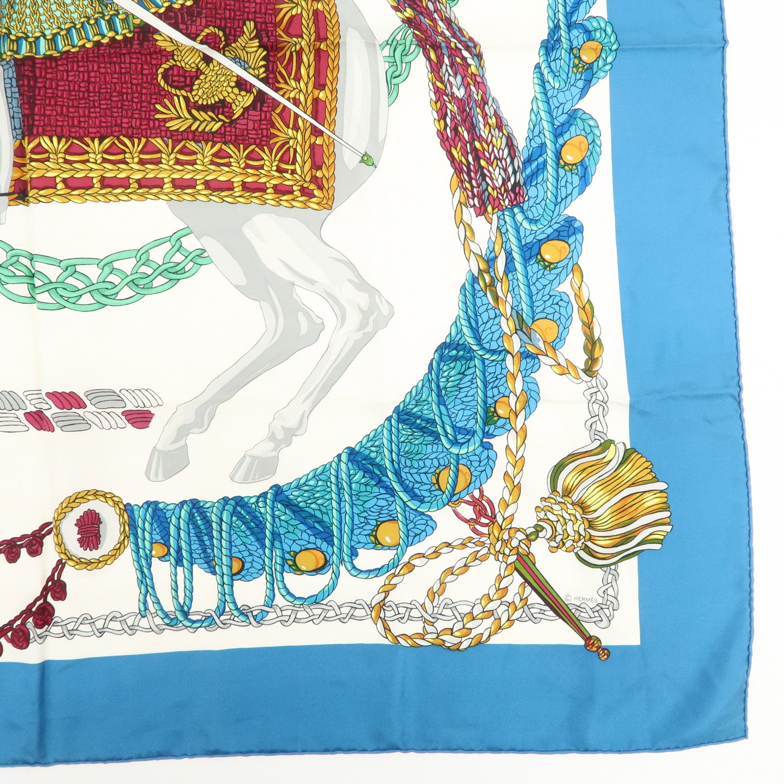 HERMES Carre 90 Silk 100% Scarf Le Timbalier Blue Gold