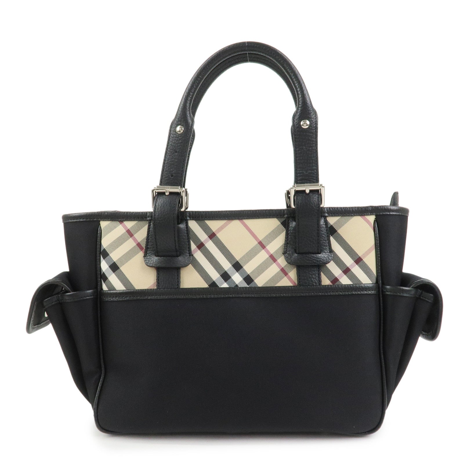 BURBERRY Nova Plaid Nylon Leather Tote Bag Hand bag Black
