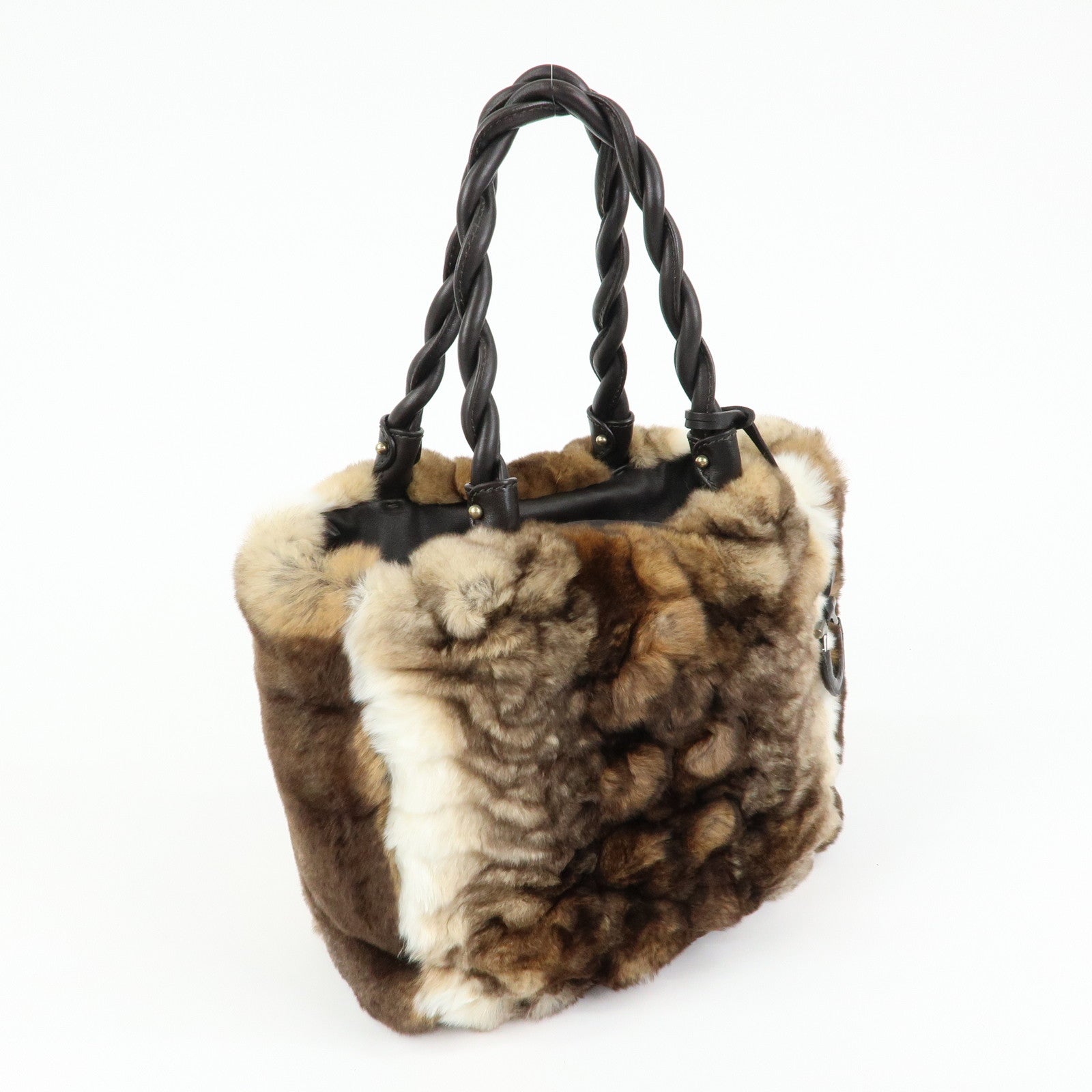 Ferragamo Gancini Rabbit Fur Leather Hand Bag Tote Bag Brown