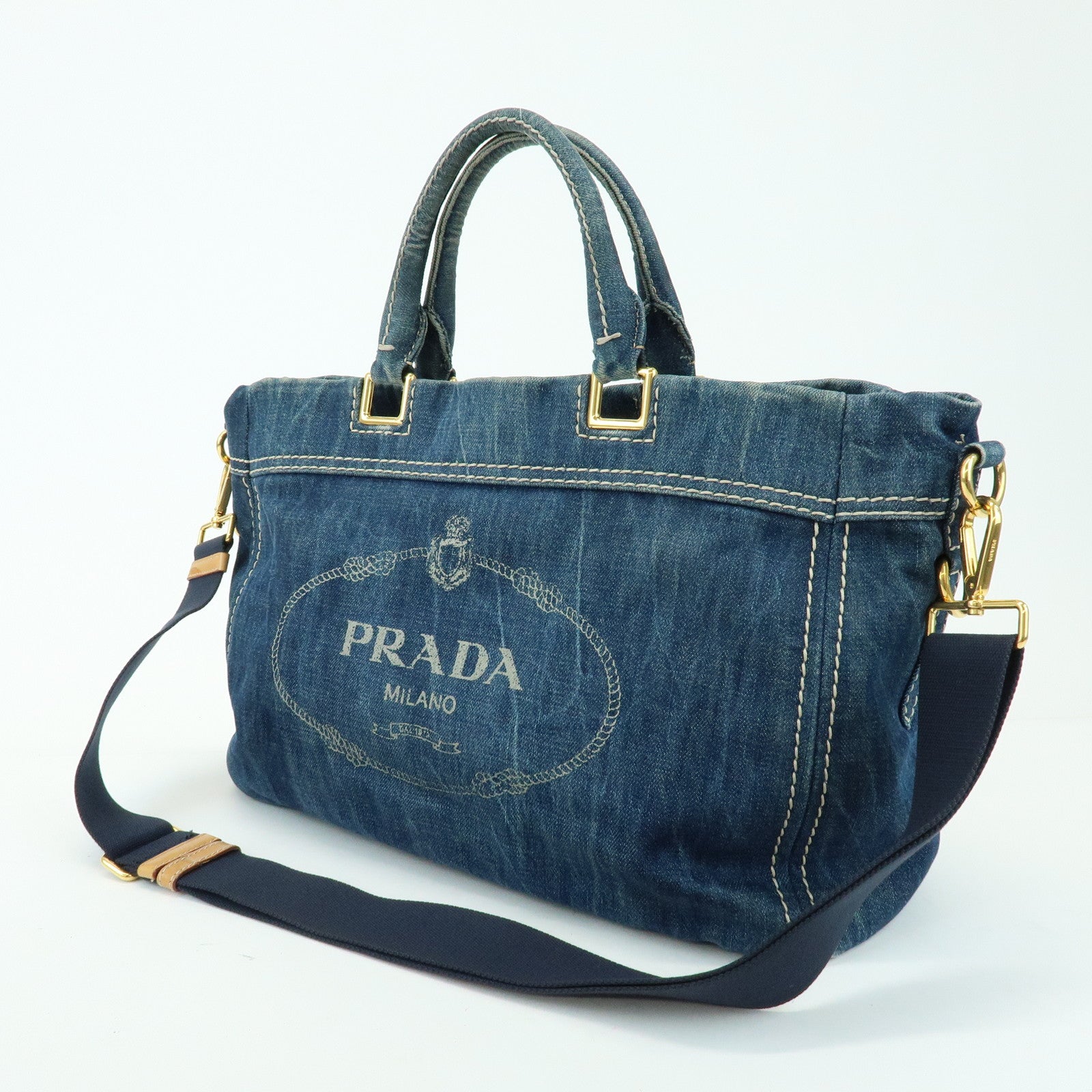 PRADA Triangle Logo Denim 2Way Bag Hand Shoulder Bag Blue BN2069