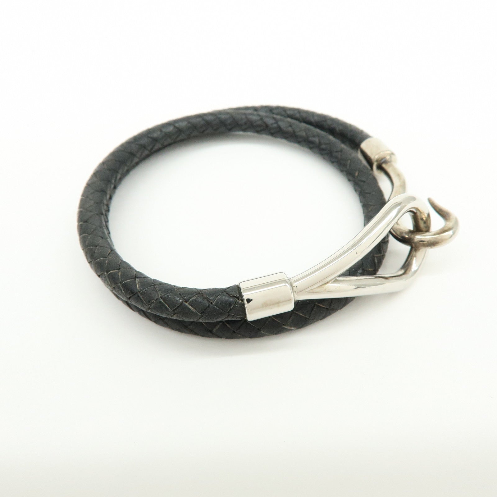 HERMES Jumbo Choker Double Tour Leather Metal Bracelet Black Silver