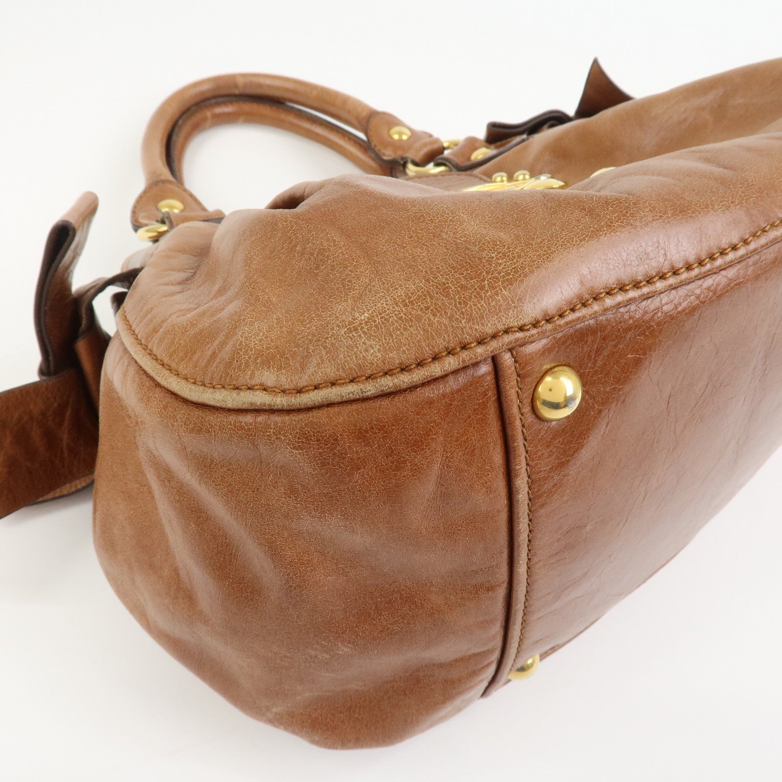 MIU MIU Side Ribbon Leather 2Way Shoulder Hand Bag Brown RN0686