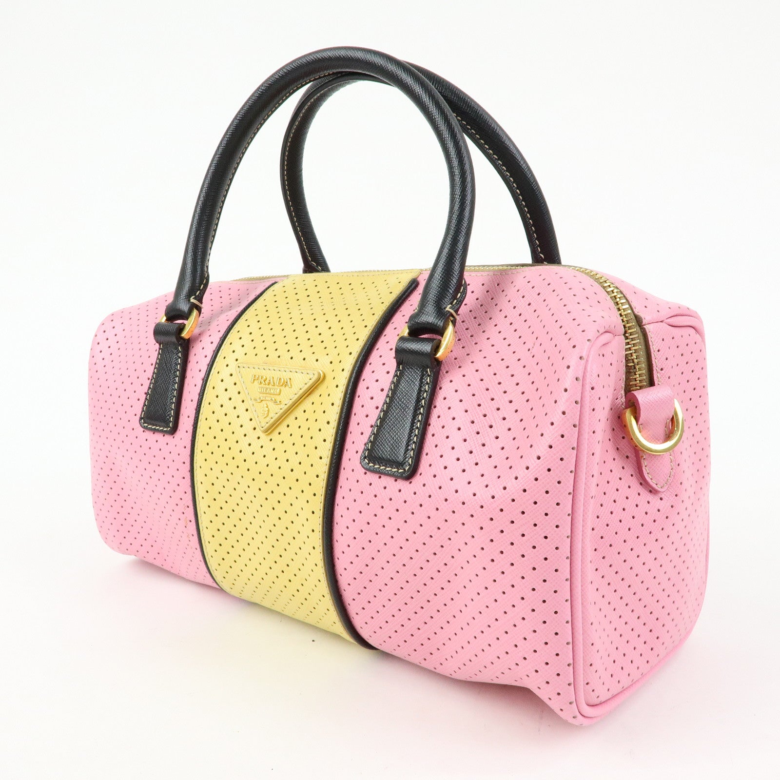 PRADA Triangle Logo Saffiano Punching Leather 2 Way Hand Bag BL0655