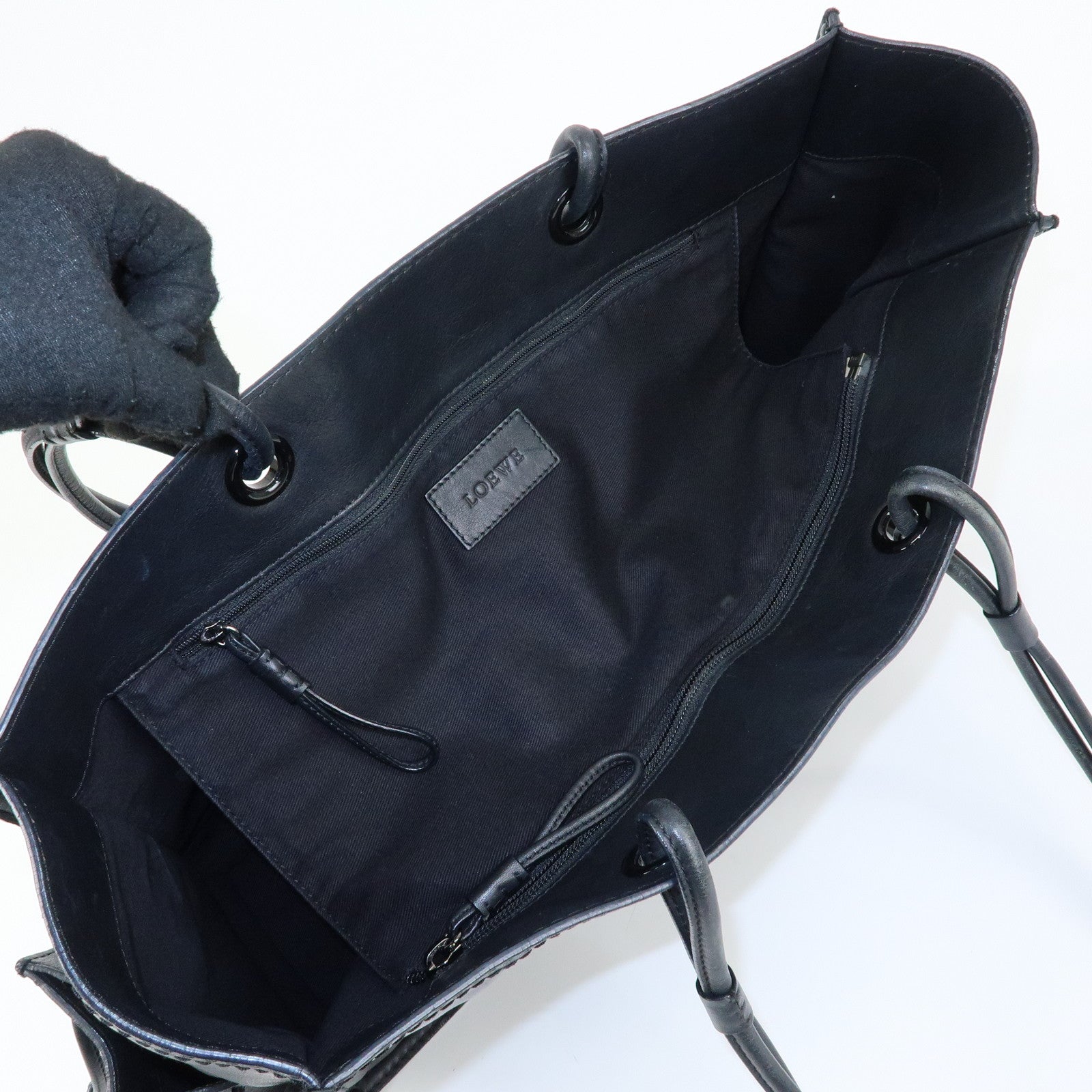 LOEWE Logo Studs Leather Shopper Tote Bag Shoulder Bag Black