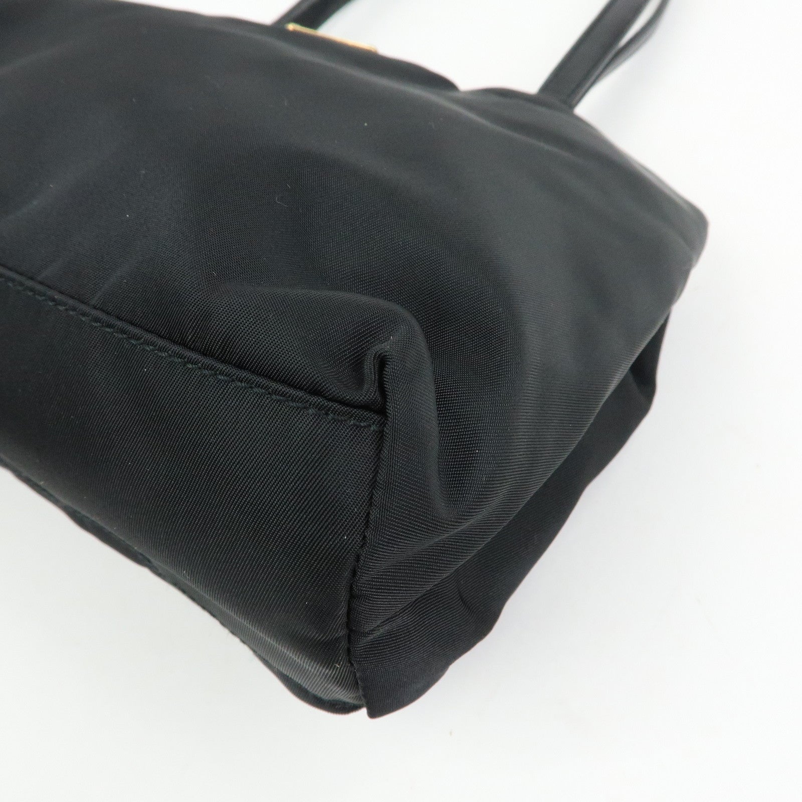 PRADA Triangle Logo Nylon Leather Tote Bag Hand Shoulder Bag Black