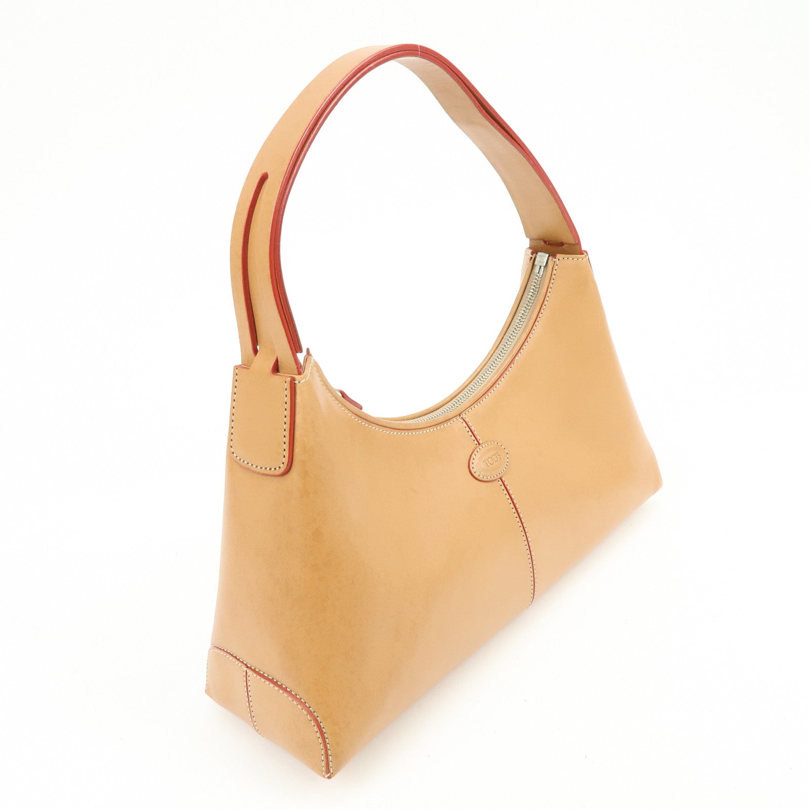 TOD'S Leather Stitched Shoulder Bag Hand Bag Camel