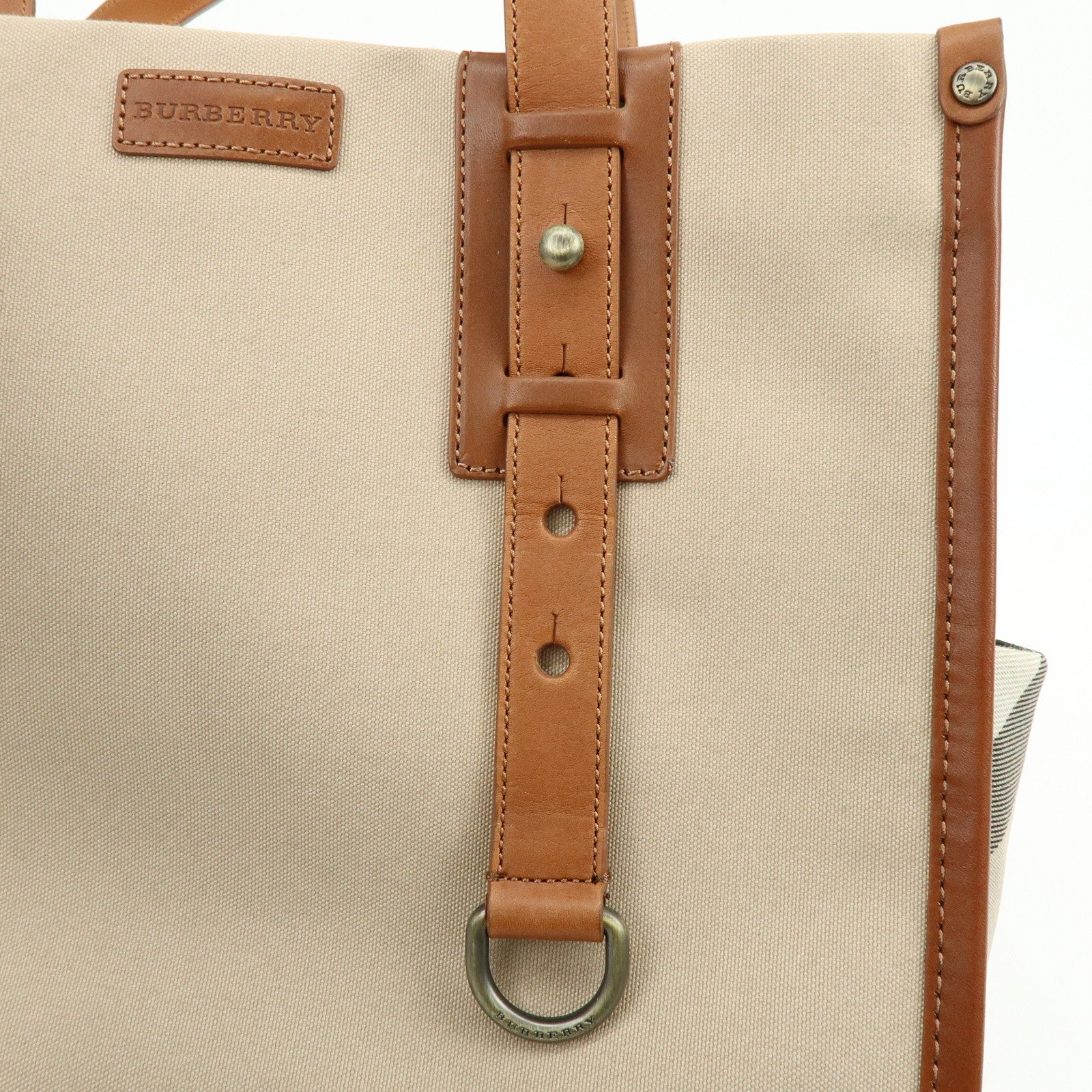 BURBERRY Nova Plaid Canvas Leather Tote Bag Hand Bag Beige Brown