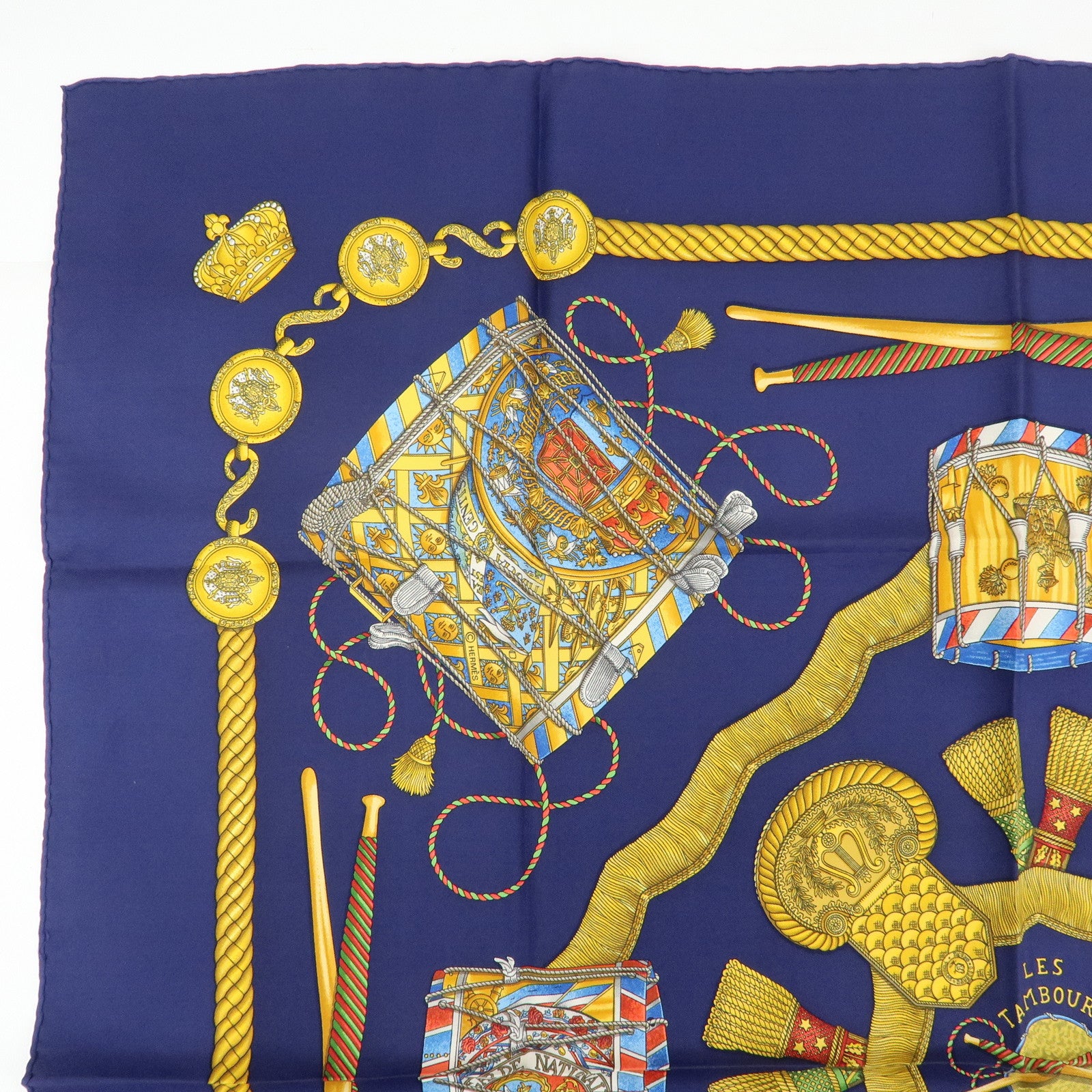 HERMES Carre 90 Silk 100% Scarf LES TAMBOURS Navy Gold