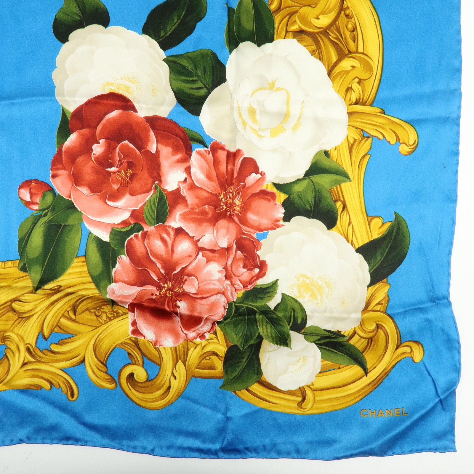 CHANEL Silk 100% Scarf Camellia Flower Motif Blue Gold Red
