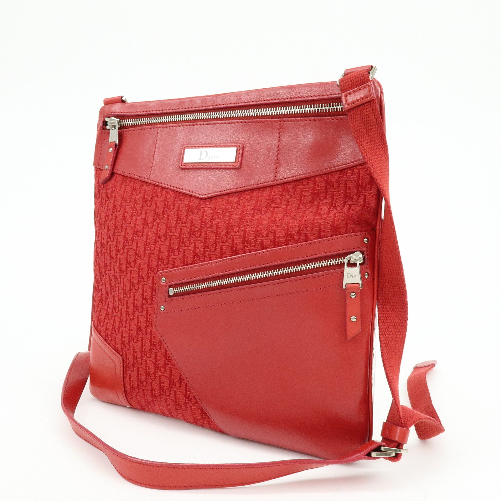 Christian Dior Trotter Jacguard Canvas Leather Shoulder Bag Red