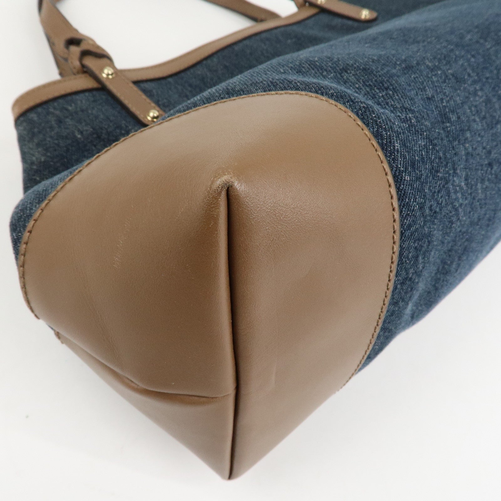 GUCCI Craft Denim Leather Tote Bag Hand Bag Navy Brown 348715