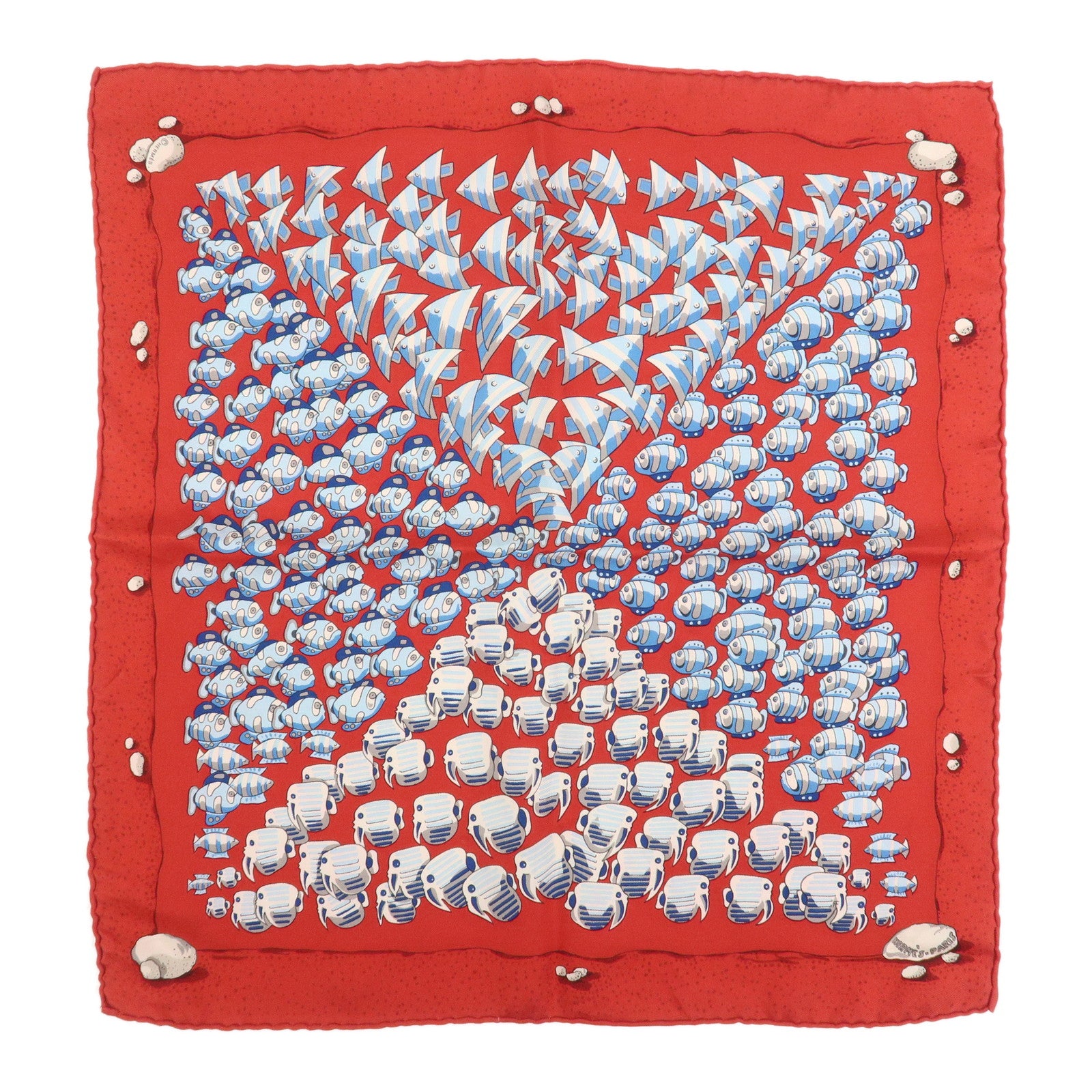 HERMES Carre 40 Silk 100% Mini Scarf Fish Print Red Blue