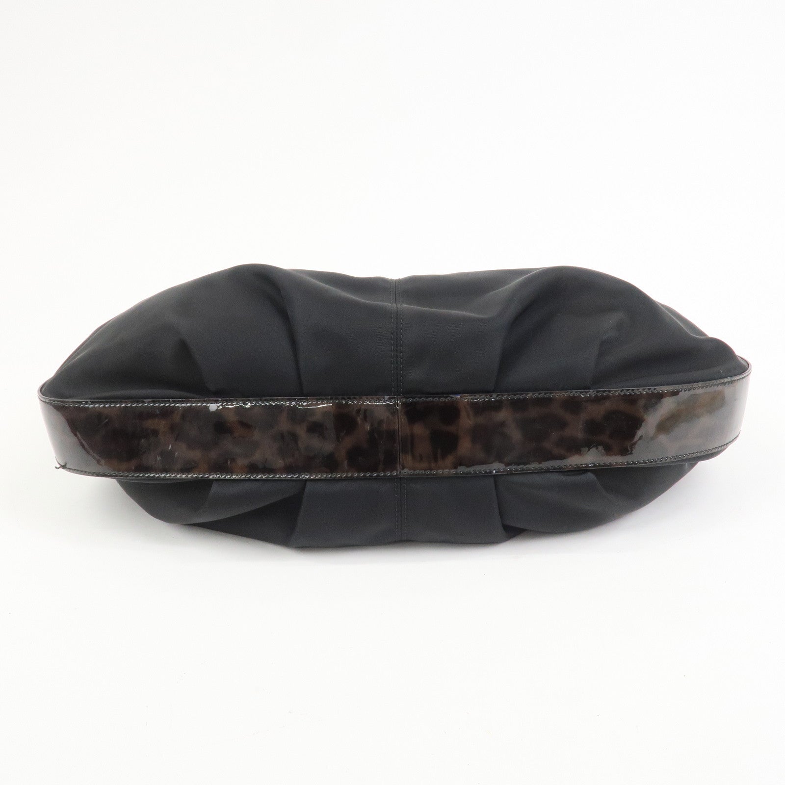 Ferragamo Nylon Patent Leather Shoulder Bag Hand Bag Leopard Black