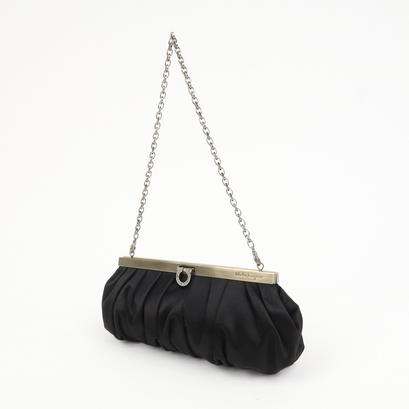 Ferragamo Gancini Satin Chain 2Way Bag Clutch Bag Black