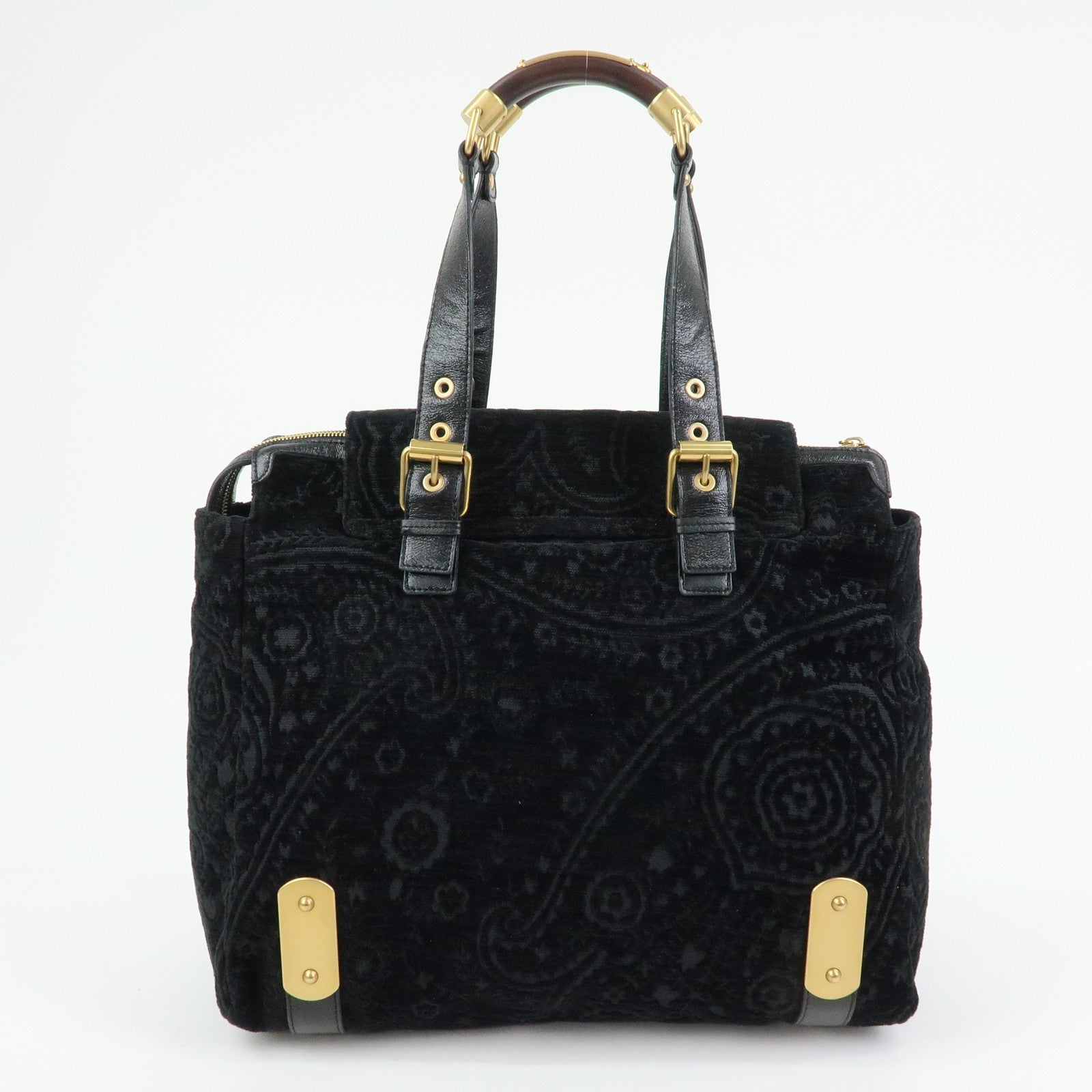 STELLA MCCARTNEY Canvas Leather Tote Hand Bag Paisley Pattern Black