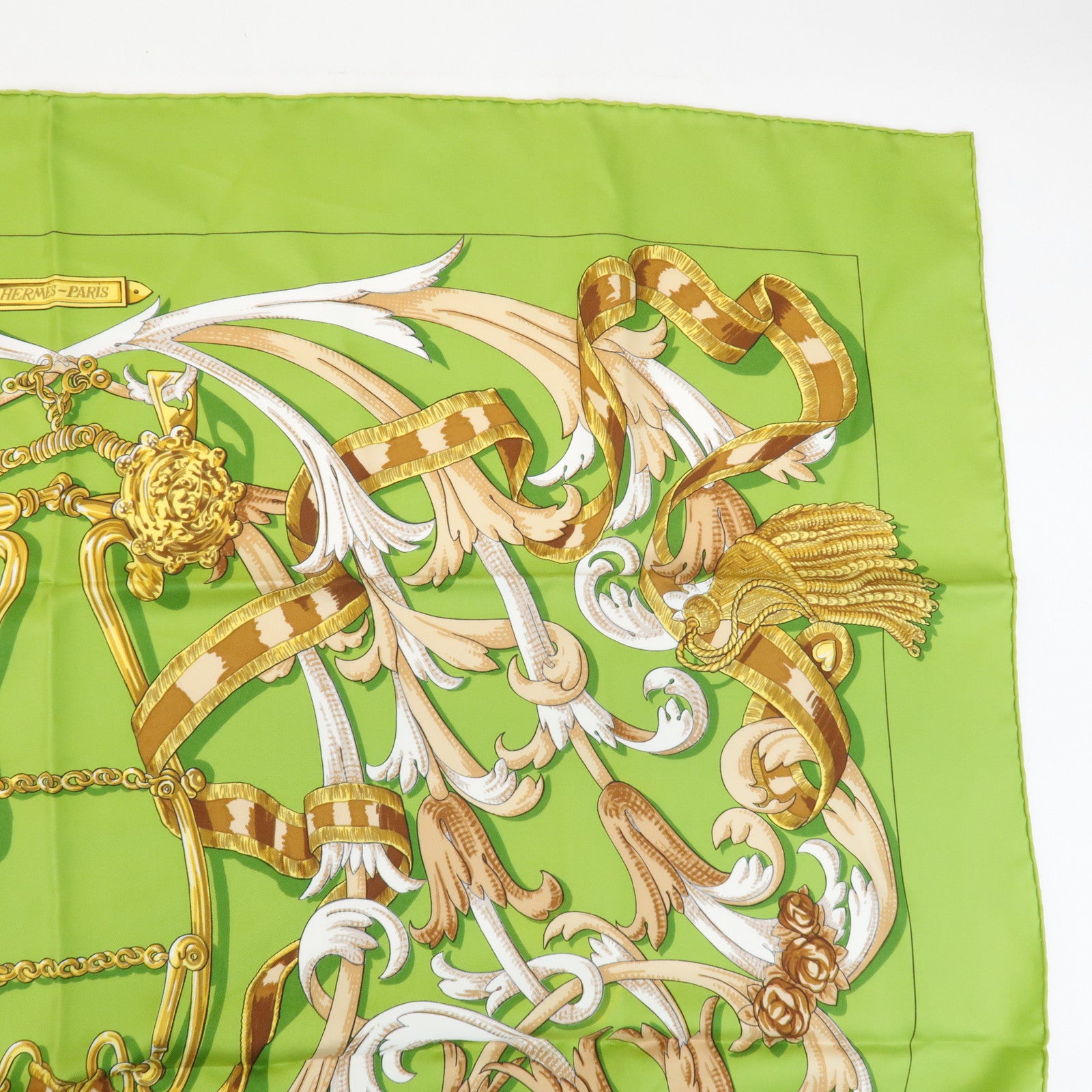 HERMES Carre 90 Silk 100% LE MORS A LA CONTETABLE Scarf Green Used