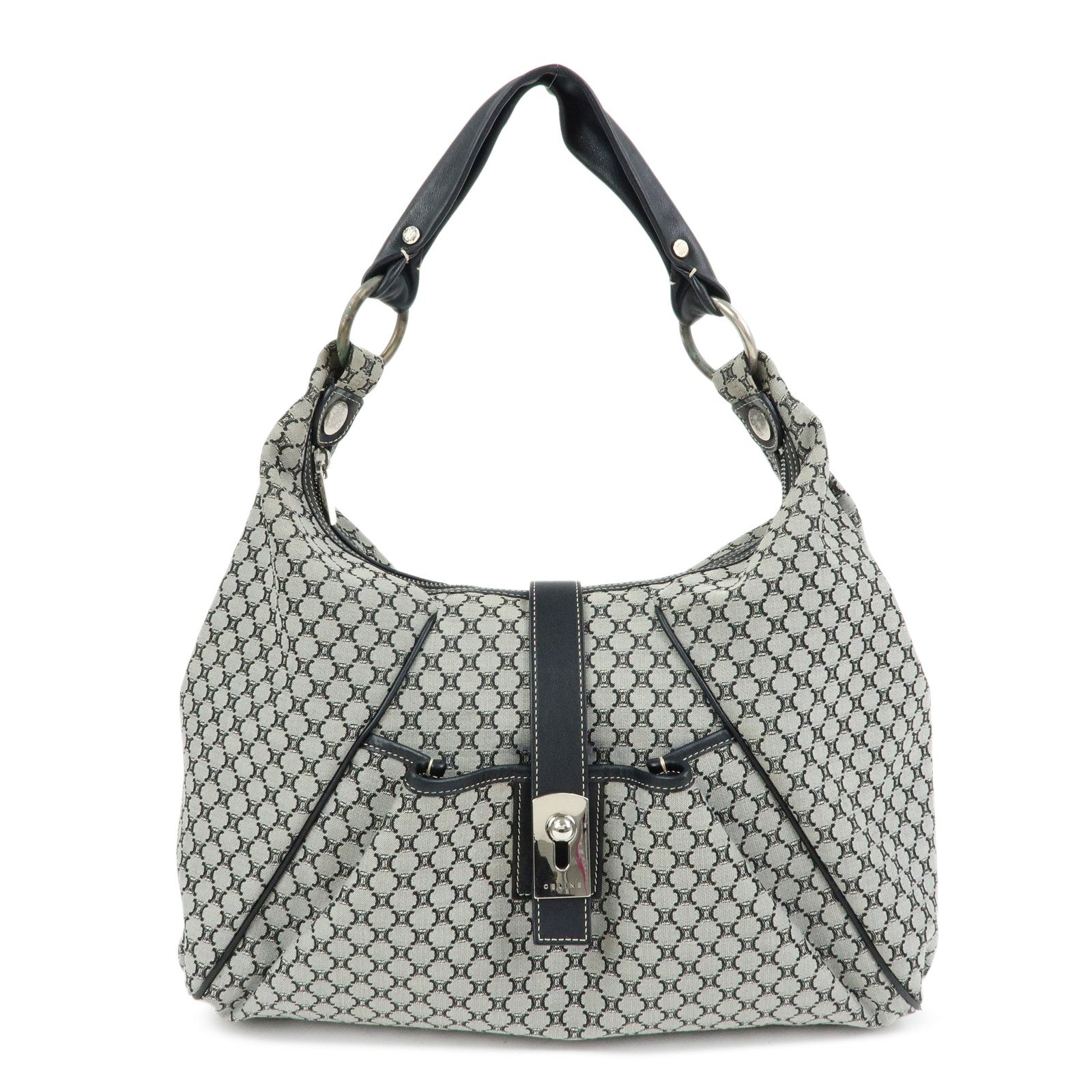 CELINE Macadam Canvas Leather Hand Bag Shoulder Bag Navy