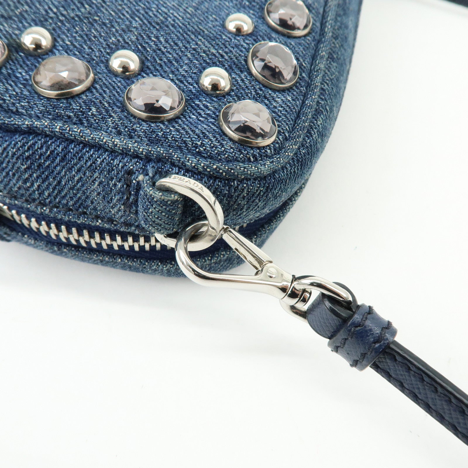 PRADA Logo Denim Shoulder Bag Crossbody Bag Rhinestone Blue