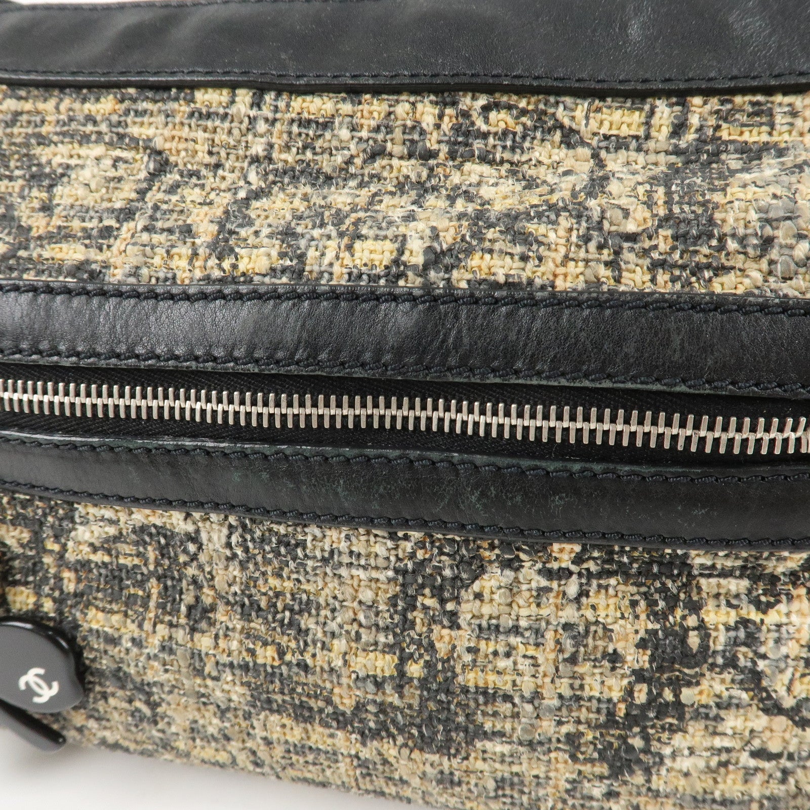 CHANEL COCO Mark Lamb Skin Tweed Shoulder Bag Hand Bag Black Silver HDW Used