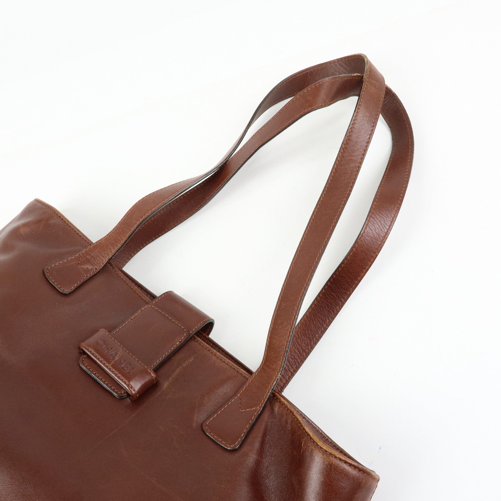 CHANEL Logo Leather Tote Bag Shoulder Bag Red Brown