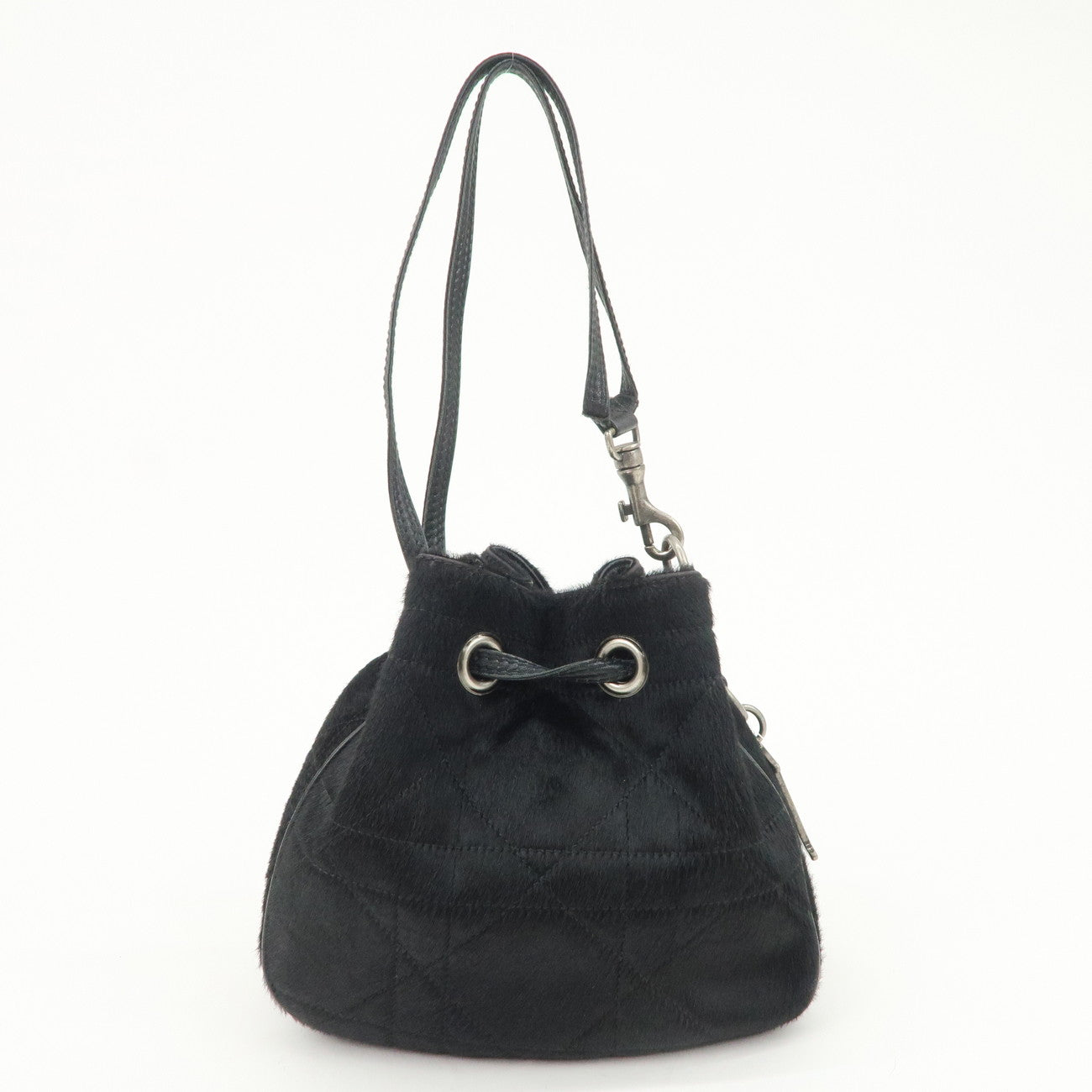 Christian Dior Unborn Carf Leather Drawstring Hand Bag Black Silver