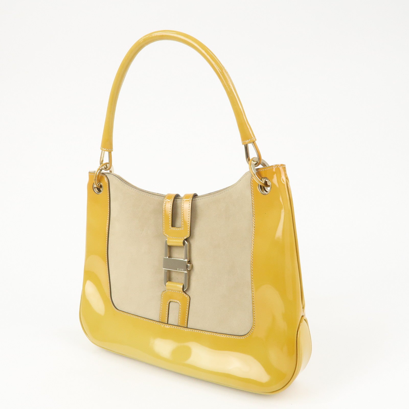 GUCCI Patent Leather Suede Shoulder Bag Yellow Beige 001.4149