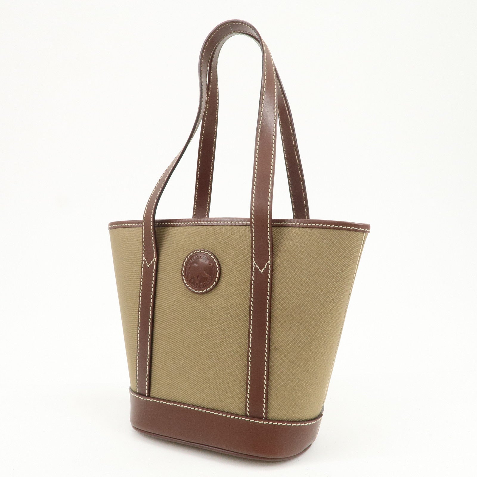 HUNTING WORLD Canvas Leather Tote Bag Hand Bag Khaki Brown