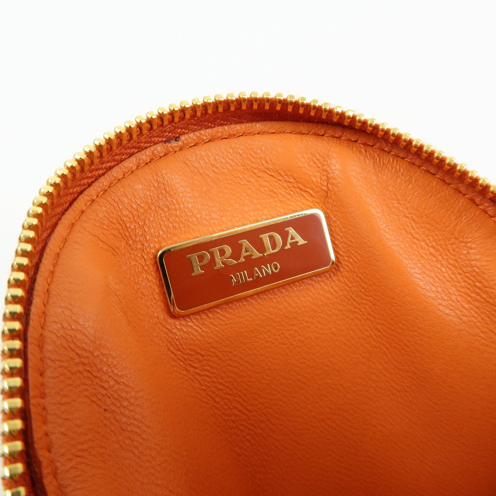 PRADA Saffiano Leather Flower Motif Round Coin Case Orange 1M1400