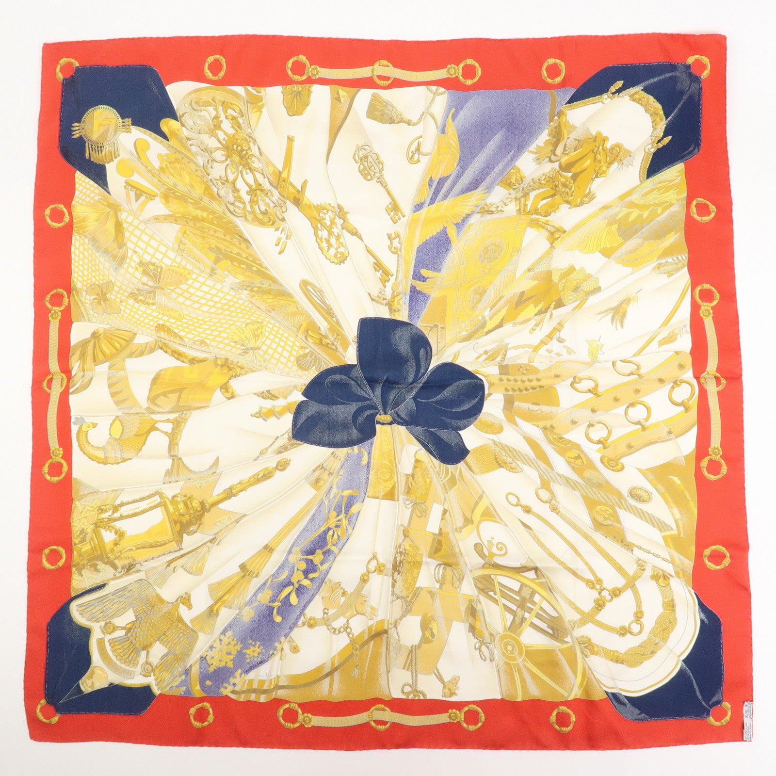 HERMES Carre 90 Silk 100% Scarf Soleil de Soie Gold Red Navy