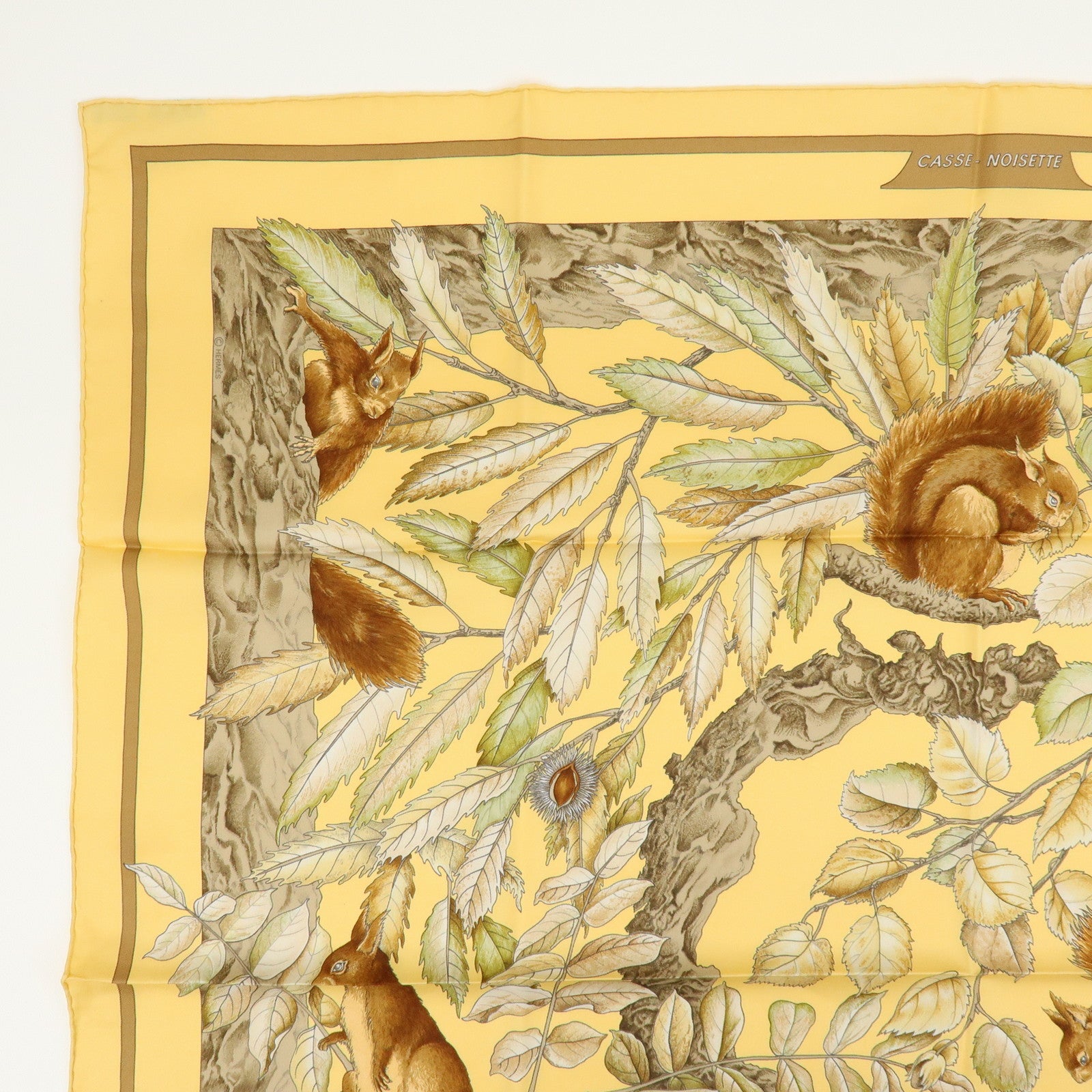 HERMES Carre 90 Silk 100% Scarf Casse Noisette Squirrel Yellow