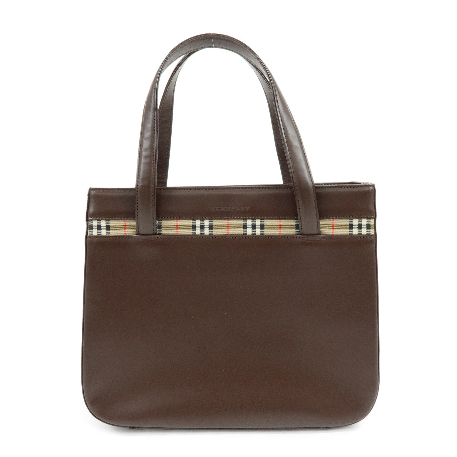 BURBERRY Nova Plaid Leather Hand Bag Tote Bag Brown