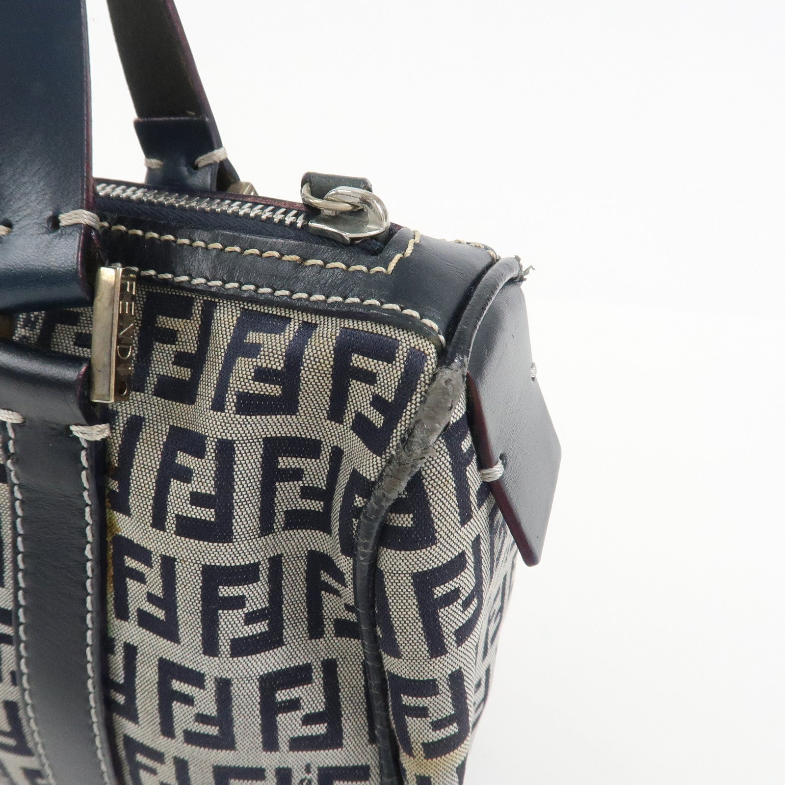 FENDI Zucchino Canvas Leather Hand Bag Mini Boston Bag Navy 16327