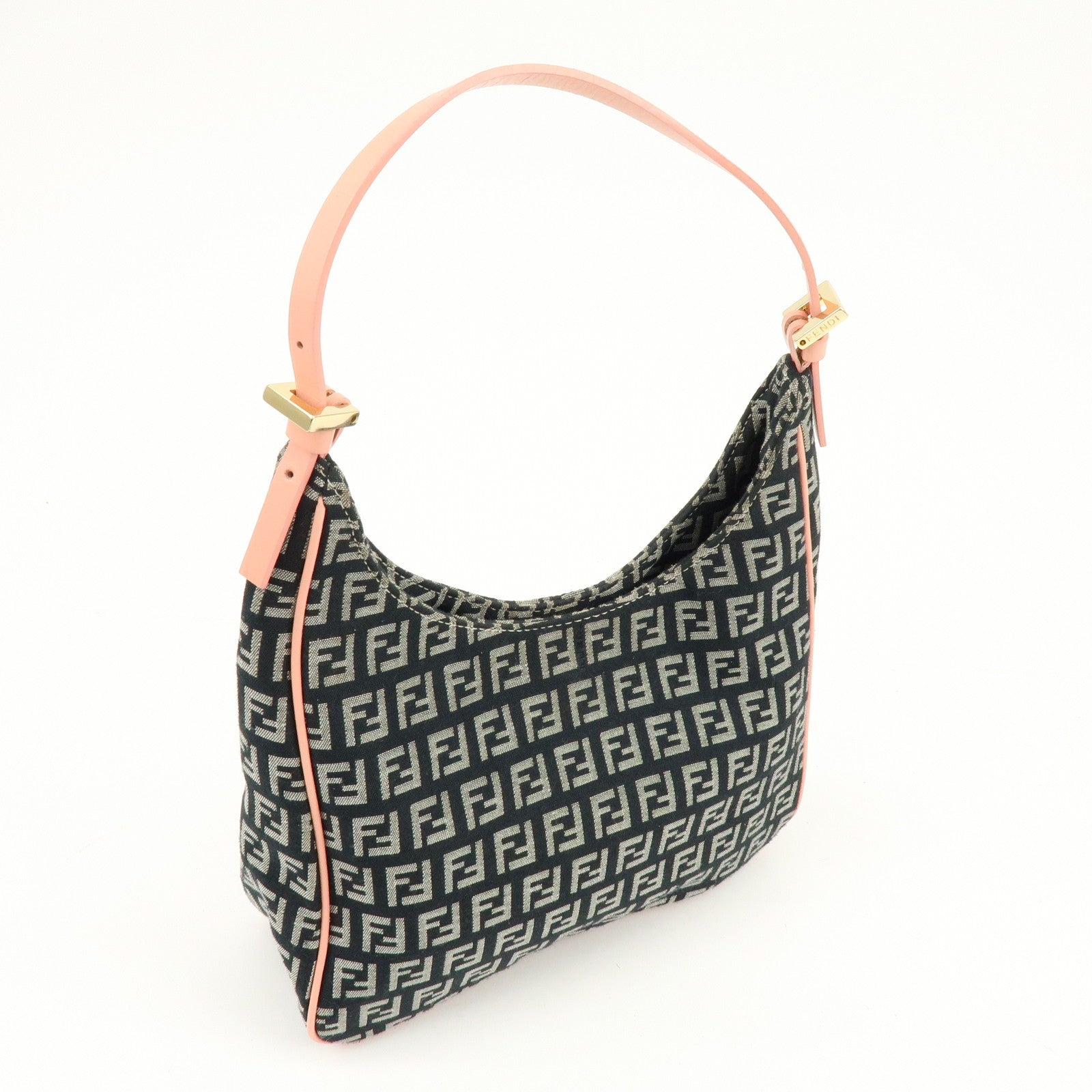 FENDI Zucchino Canvas Leather Hand Shoulder Bag Navy Pink 8BR158