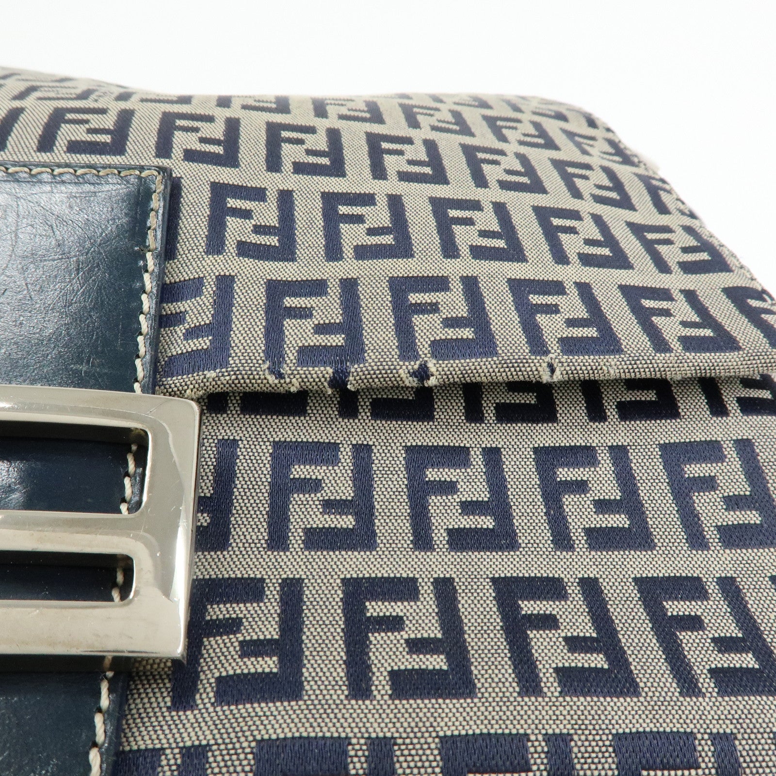 FENDI Mamma Baguette Zucchino Canvas Shoulder Bag Navy 26325