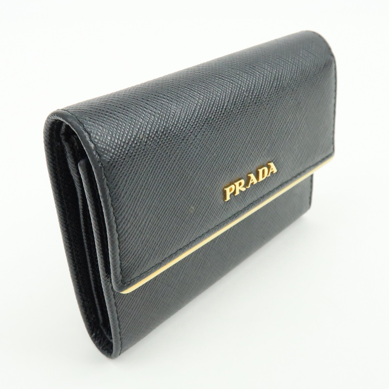 PRADA Saffiano Leather Bi-fold Compact Wallet Black Gold 1MH840