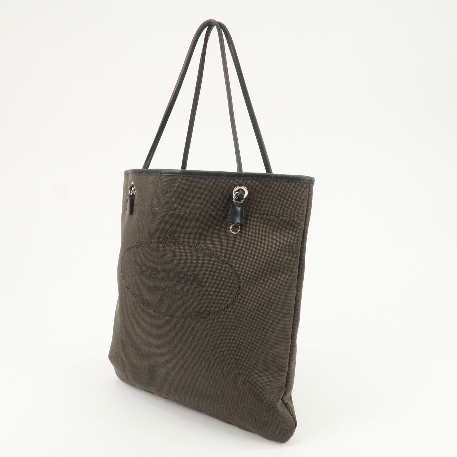 PRADA Logo Jacquard Leather Tote Bag Shoulder Bag Dark Brown