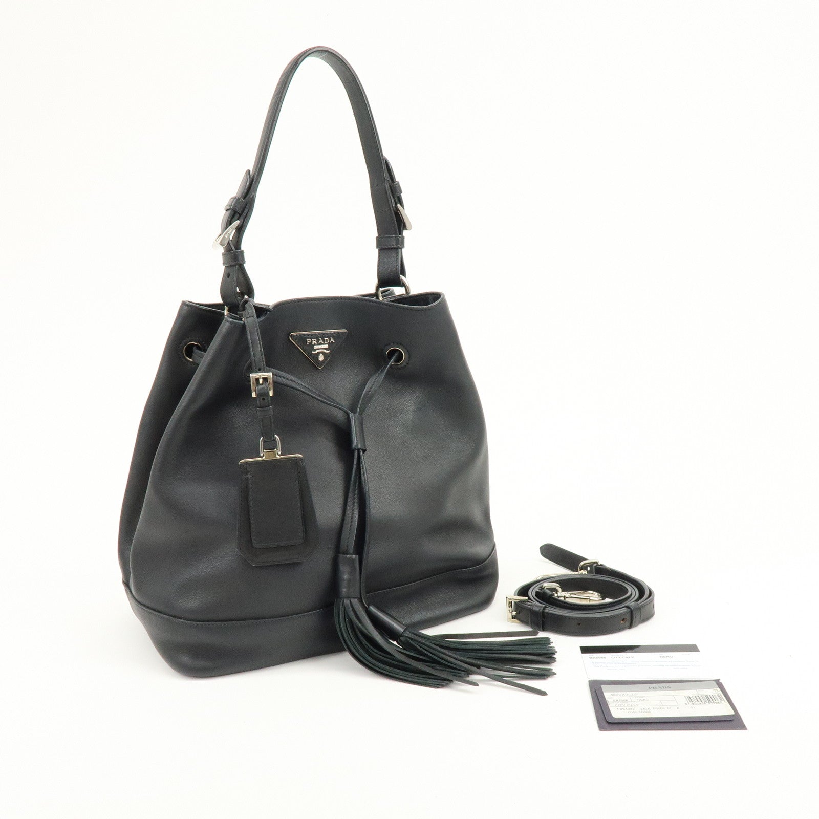 PRADA Triangle Logo City Calf Leather 2Way Bag Bucket Bag Black