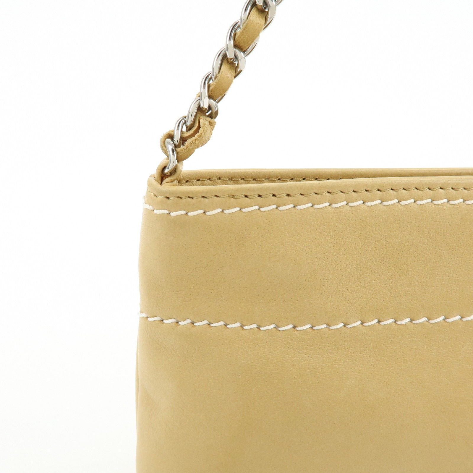 CHANEL Logo Lamb Skin Hand Bag Beige