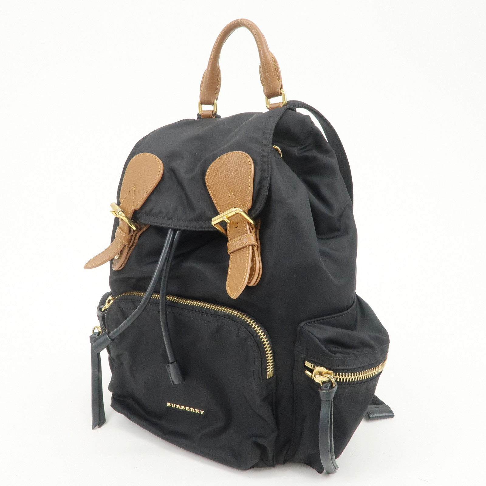 BURBERRY Nylon Leather Backpack Rucksuck Black Brown Gold