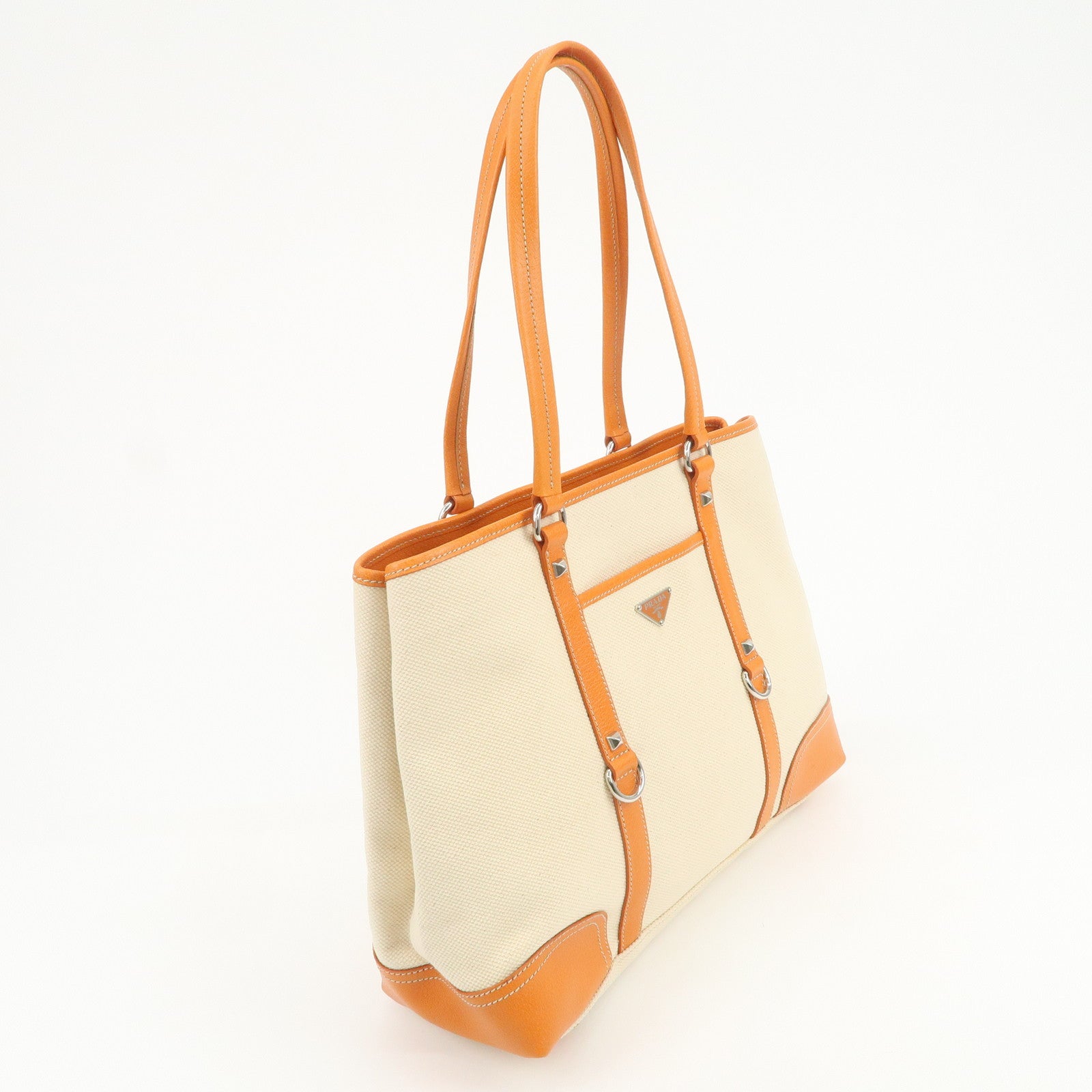 PRADA Triangle Logo Canvas Leather Tote Bag Natural Orange BR2920