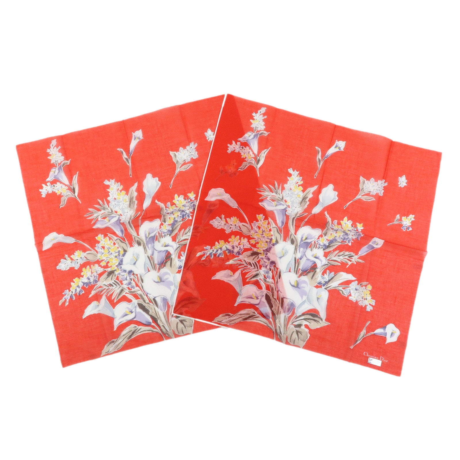 Christian Dior Set of 2 Cotton 100% Scarf Flower Print Red