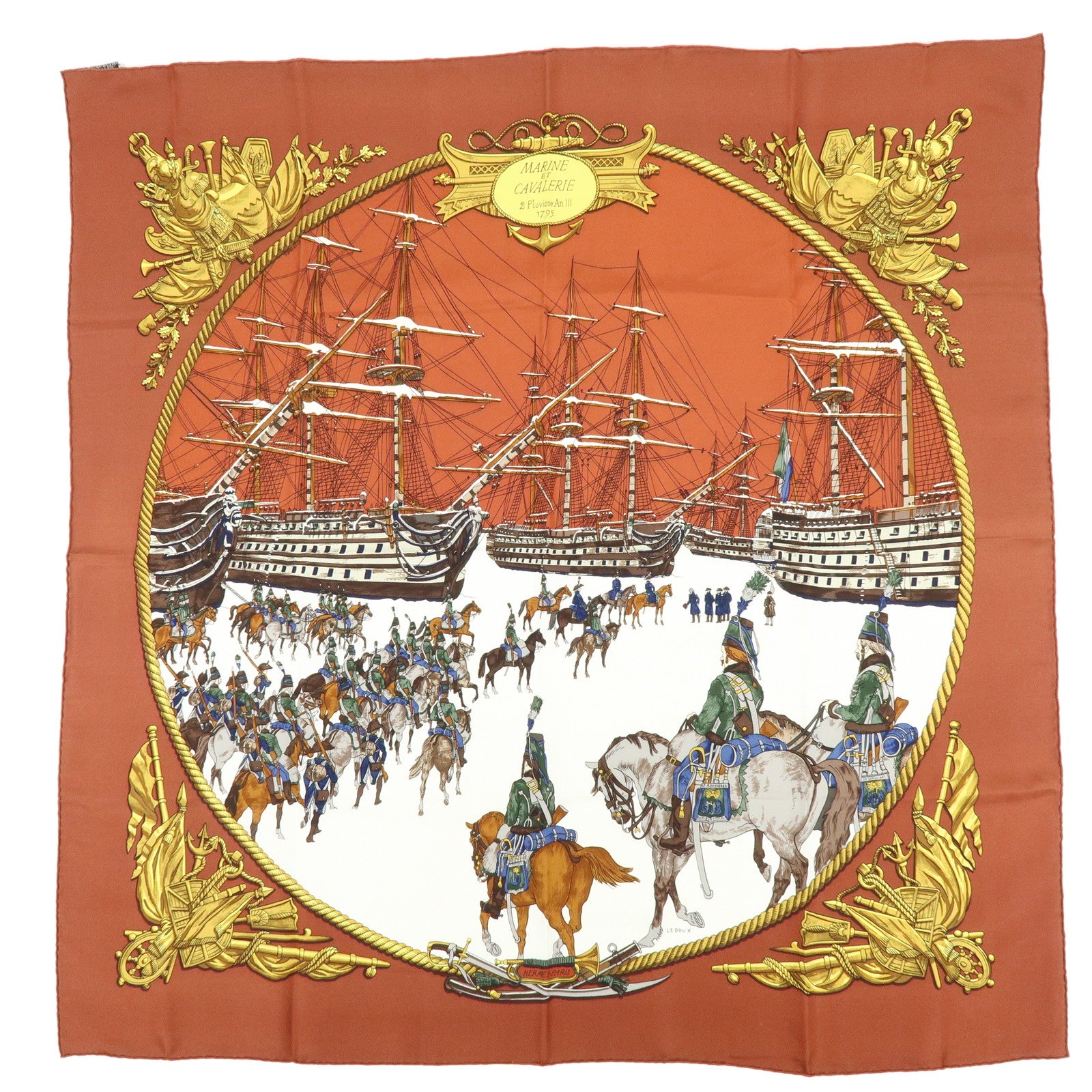HERMES Carre 90 Silk 100% Scarf MARINE ET CAVALERIE Brown