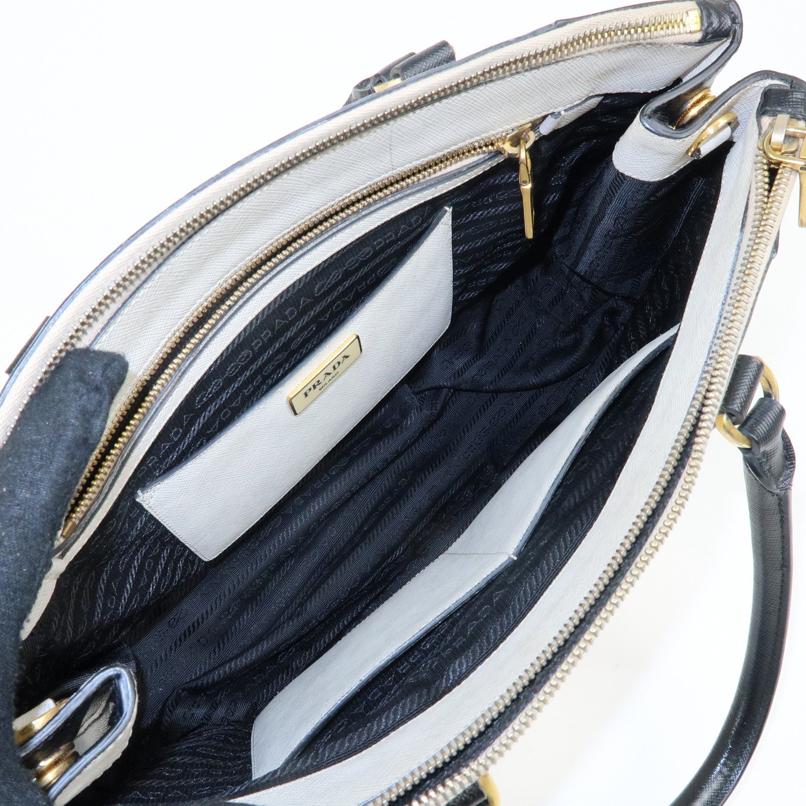 PRADA Triangle Logo Saffiano Leather Hand Bag Tote Bag Ivory Black