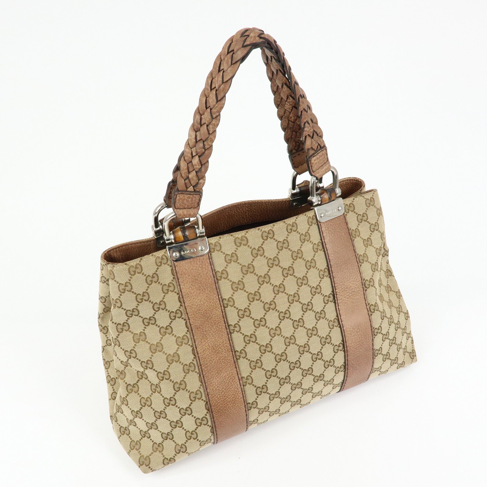 GUCCI Bamboo GG Canvas Leather Tote Bag Hand Bag Beige Brown 232947