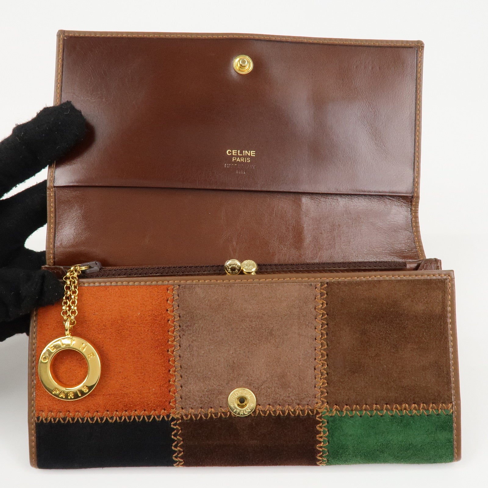 CELINE Suede Leather Patchwork Bifold Wallet Multi Color Used