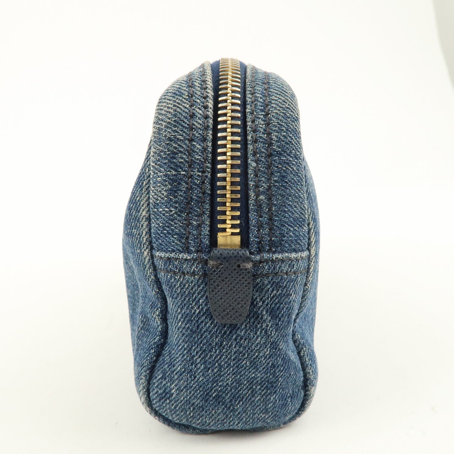 PRADA Triangle Logo Denim Pouch Cosmetic Pouch Blue Gold Hardware