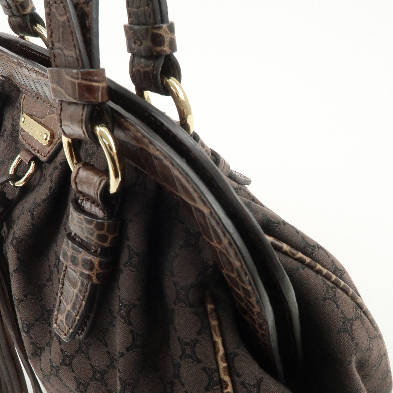 CELINE Macadam Canvas Leather Shoulder Bag Fringe Brown Used