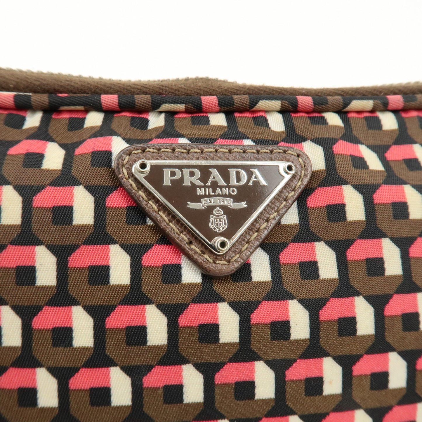 PRADA Triangle Logo Nylon Pouch Cosmetic Pouch Brown Pink White