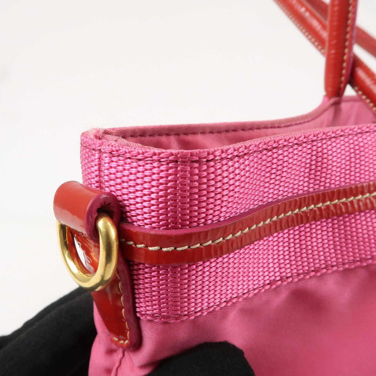 PRADA Nylon Patent Leather Logo Tote Bag Pink Red