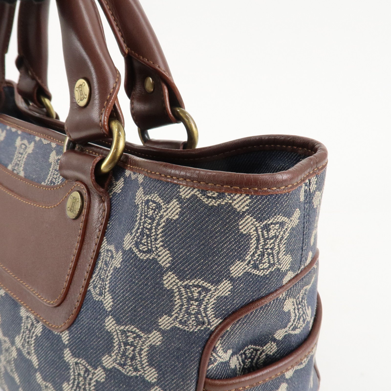 CELINE Macadam Denim Leather Boogie Bag Tote Bag Blue Brown Used